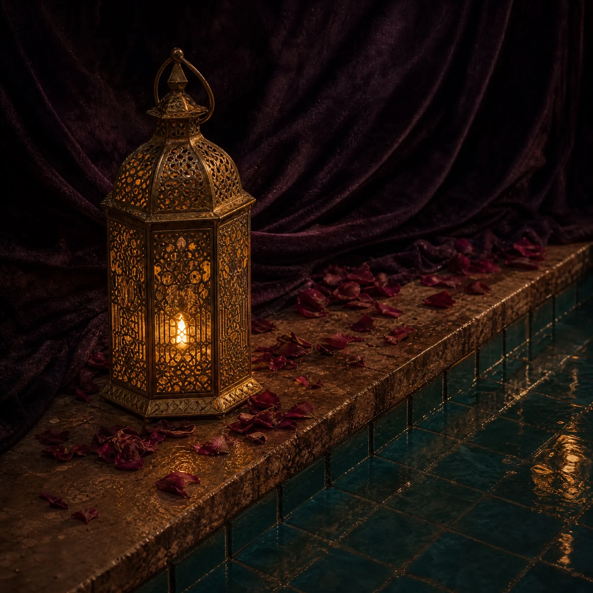 A lattice lantern burns beside a tiled pool strewn with dark petals.