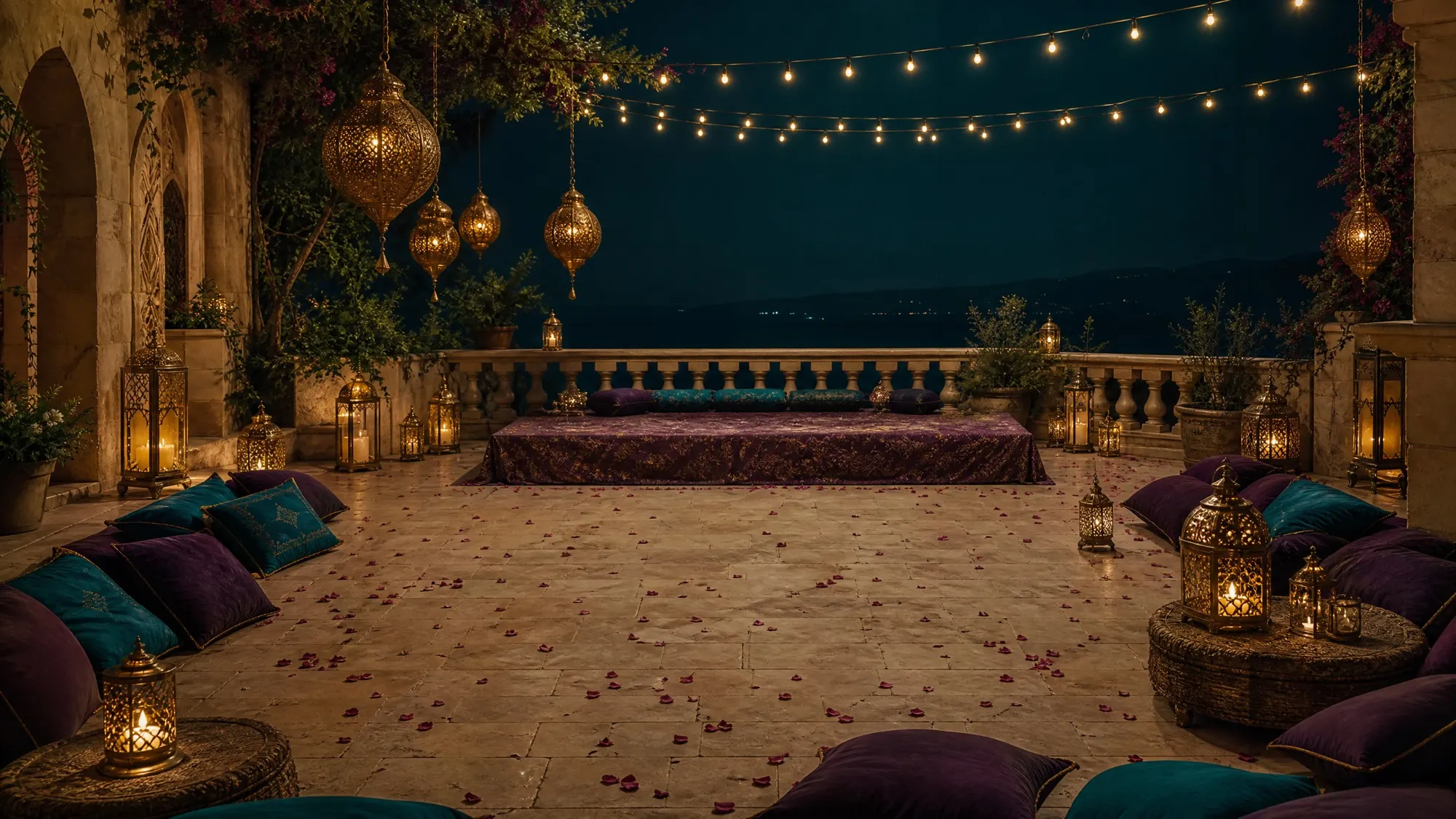 A stone terrace under string lights waits with low cushions for the evening gathering.