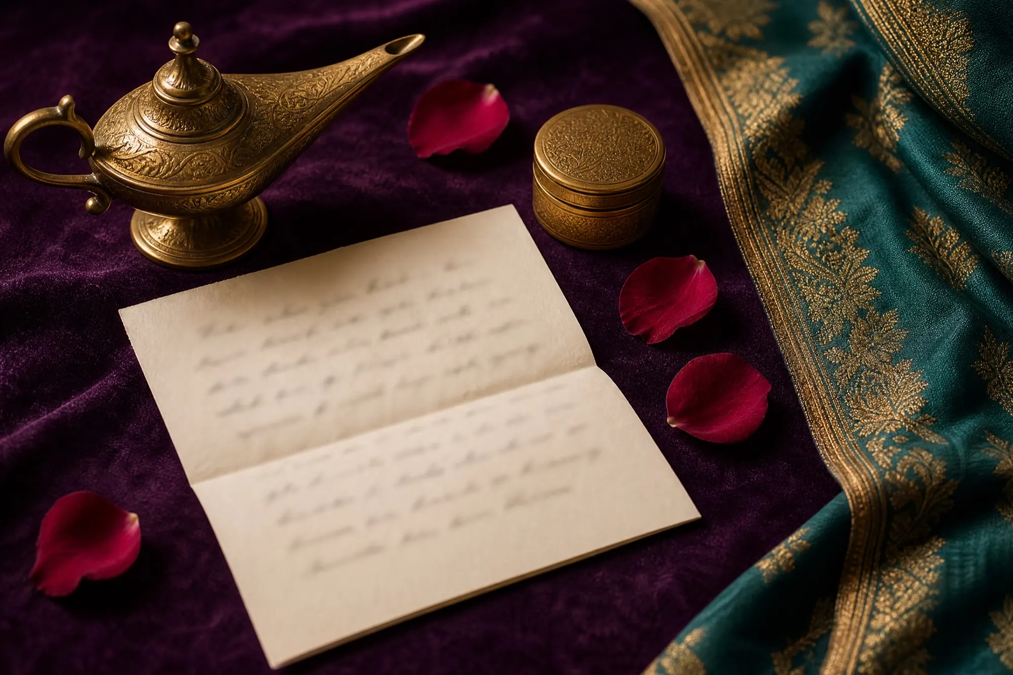 An open brass lamp, a folded letter, and rose petals rest on crushed velvet beside woven teal.