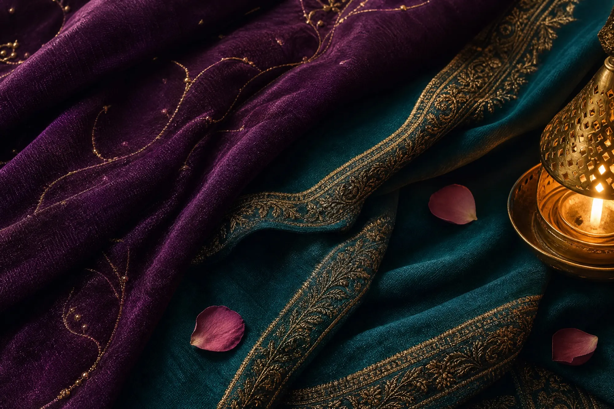 Embroidered vines trace gold across velvet folds in plum and teal.