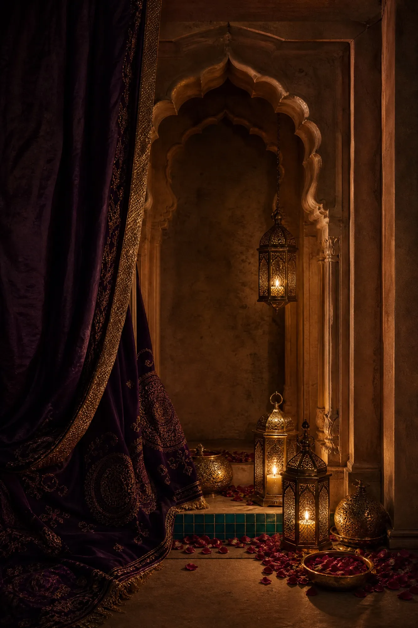 Embroidered drapery pools beside a plaster niche where small lanterns keep their flame.