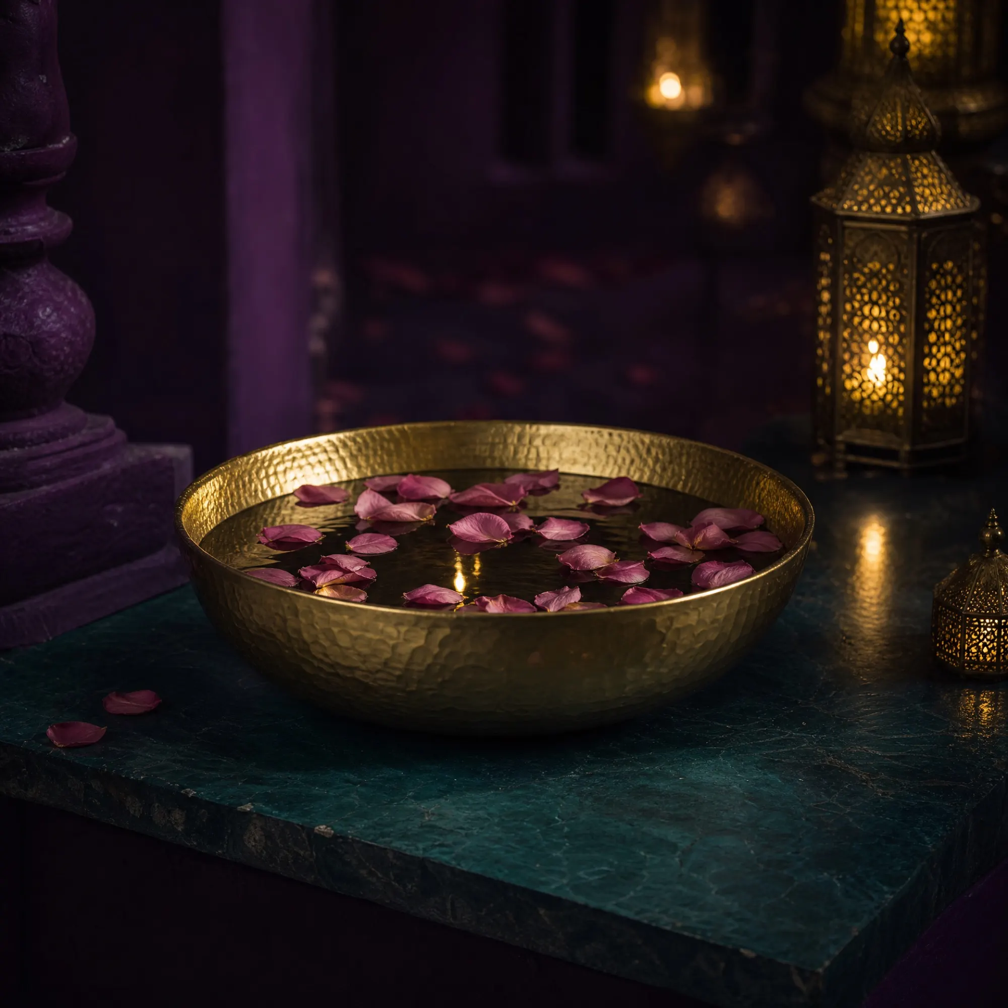A hammered brass bowl floats rose petals in lamplight on a green marble ledge.