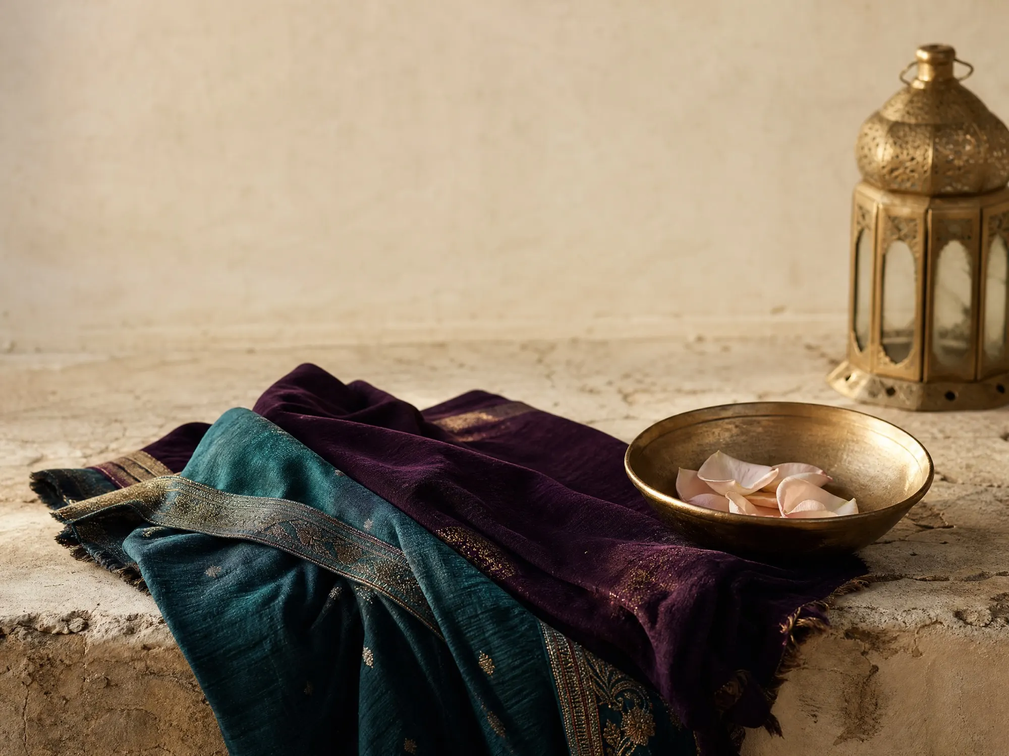 Teal and plum cloth folds over a stone ledge beside a lantern and a bowl of pale petals.