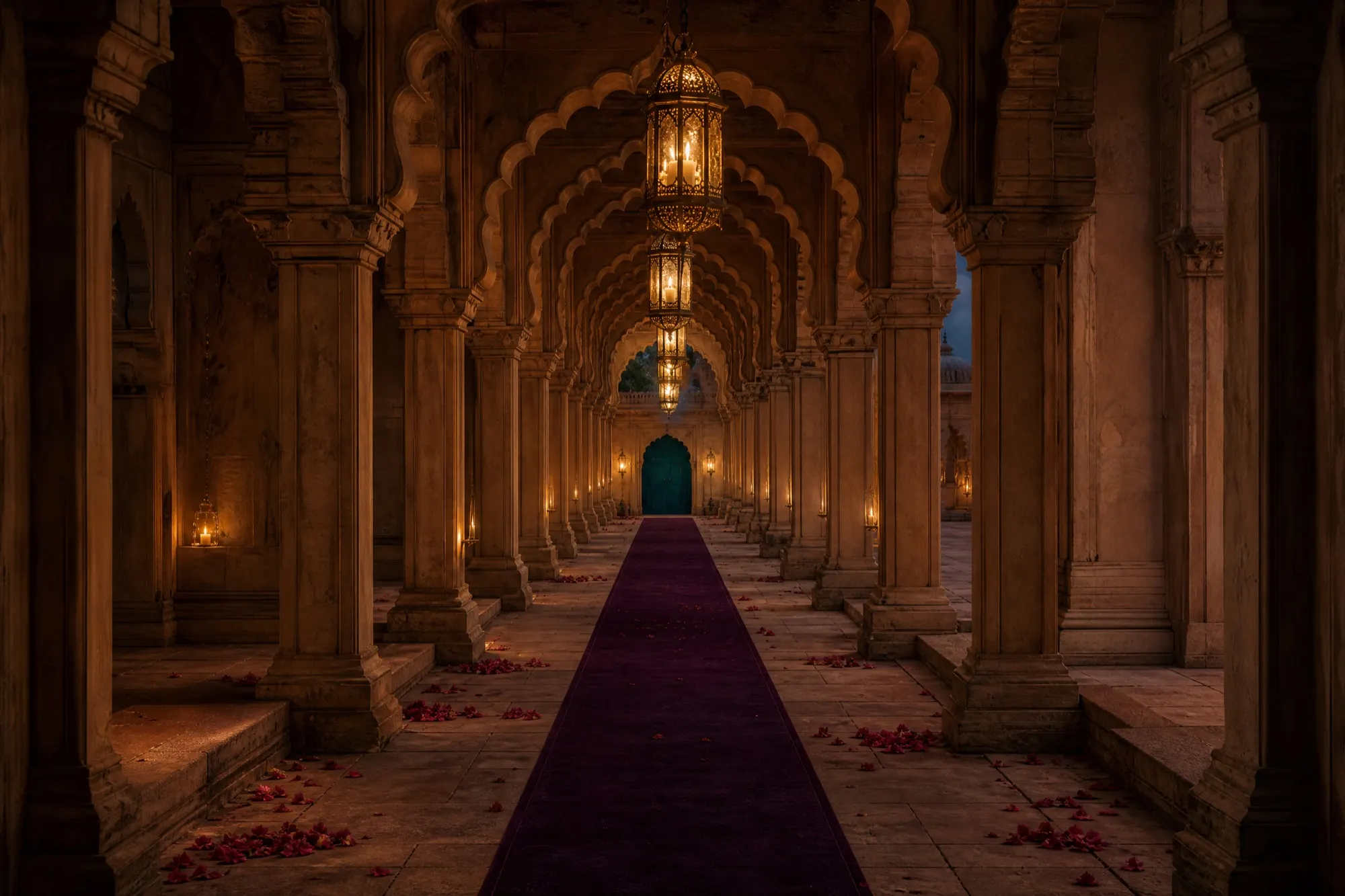 A colonnade of carved pillars carries lantern light down a runner of deep violet.