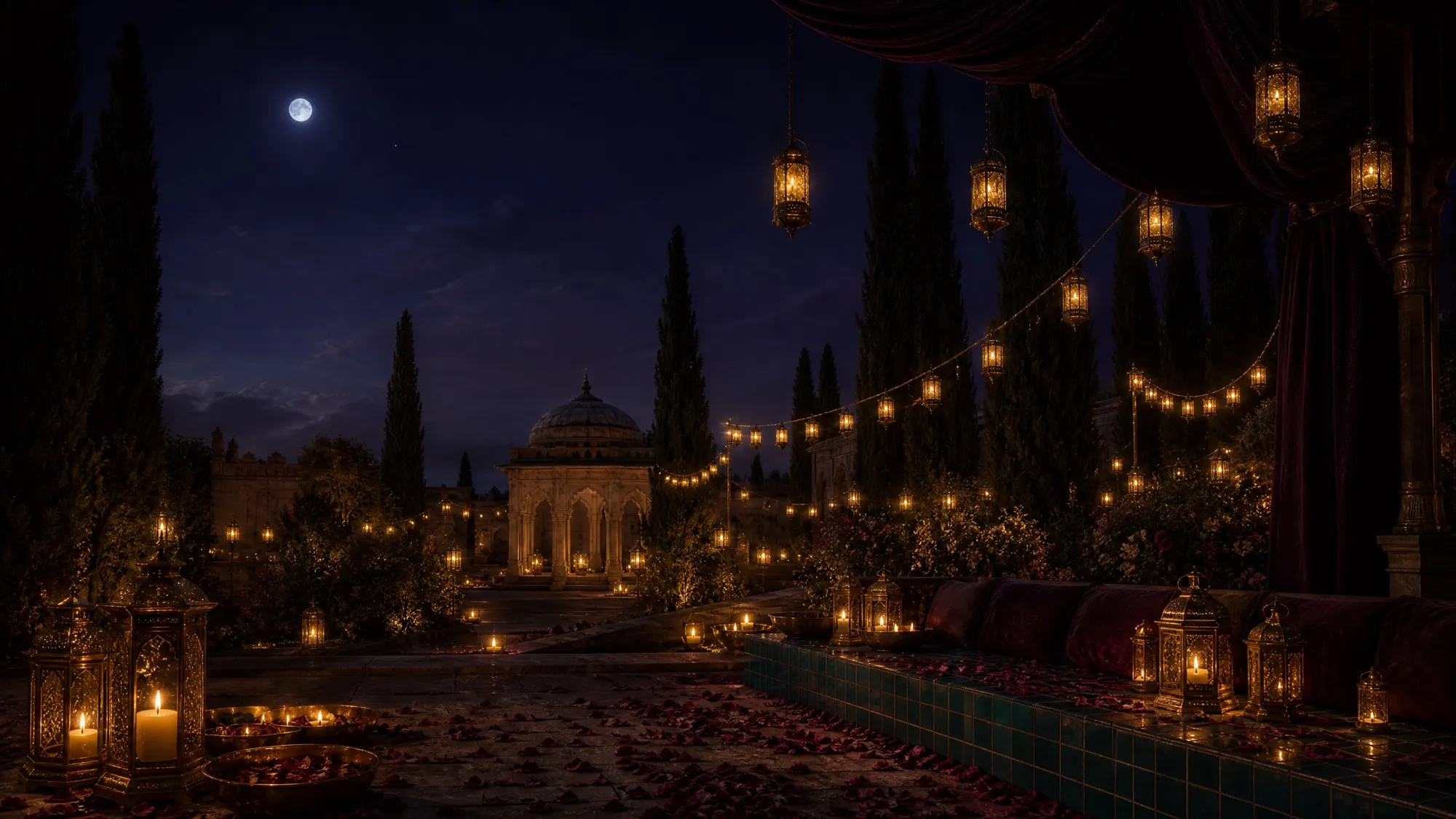 A moonlit garden flickers with candles and string lights around a distant domed pavilion.