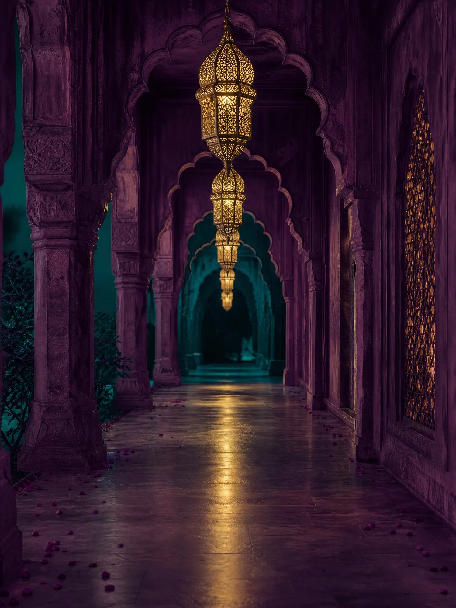 Hanging lamps recede down an arched passage washed in plum light and scattered petals.