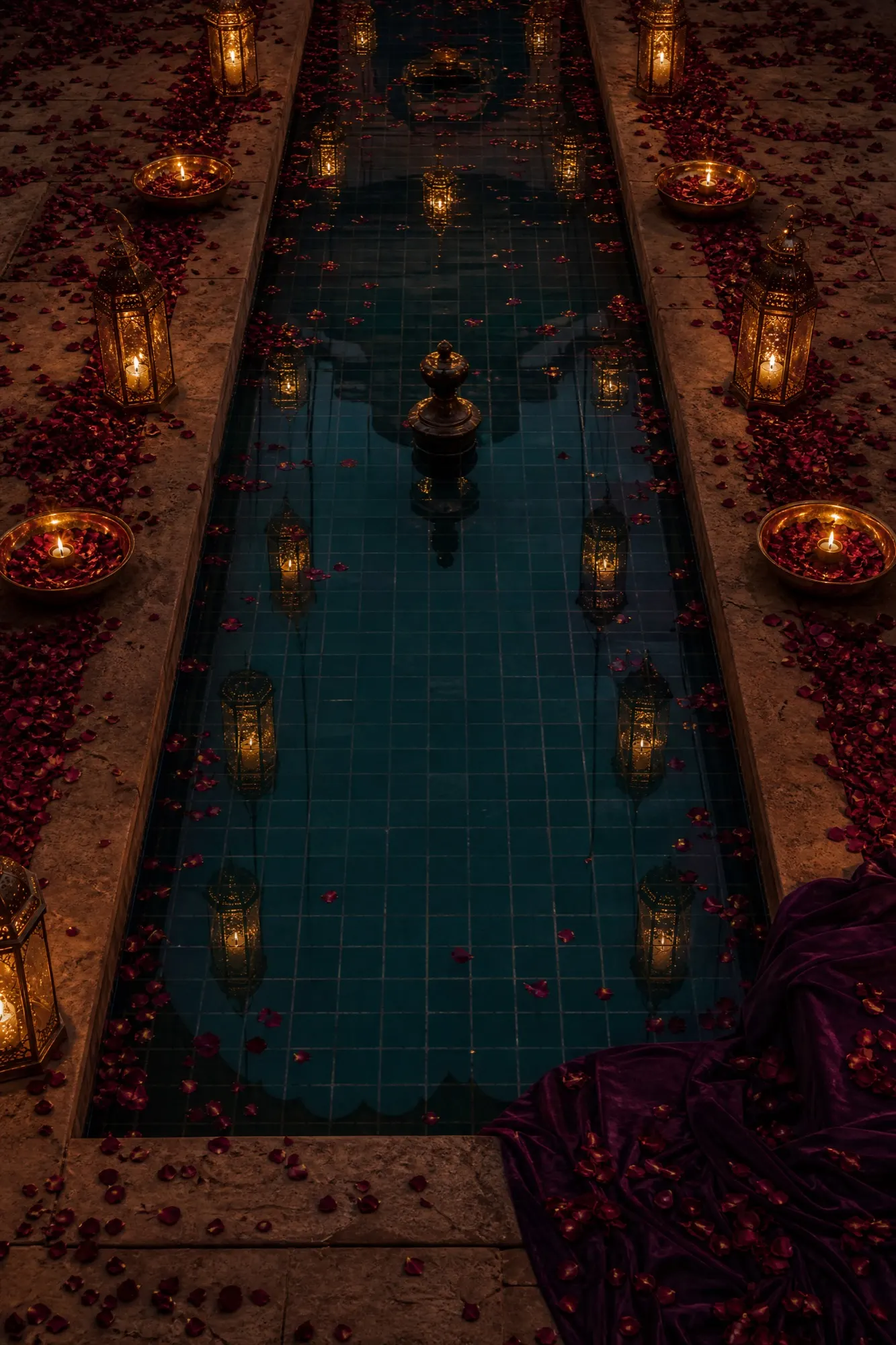A narrow teal pool holds floating lamps between stone channels of candlelight.