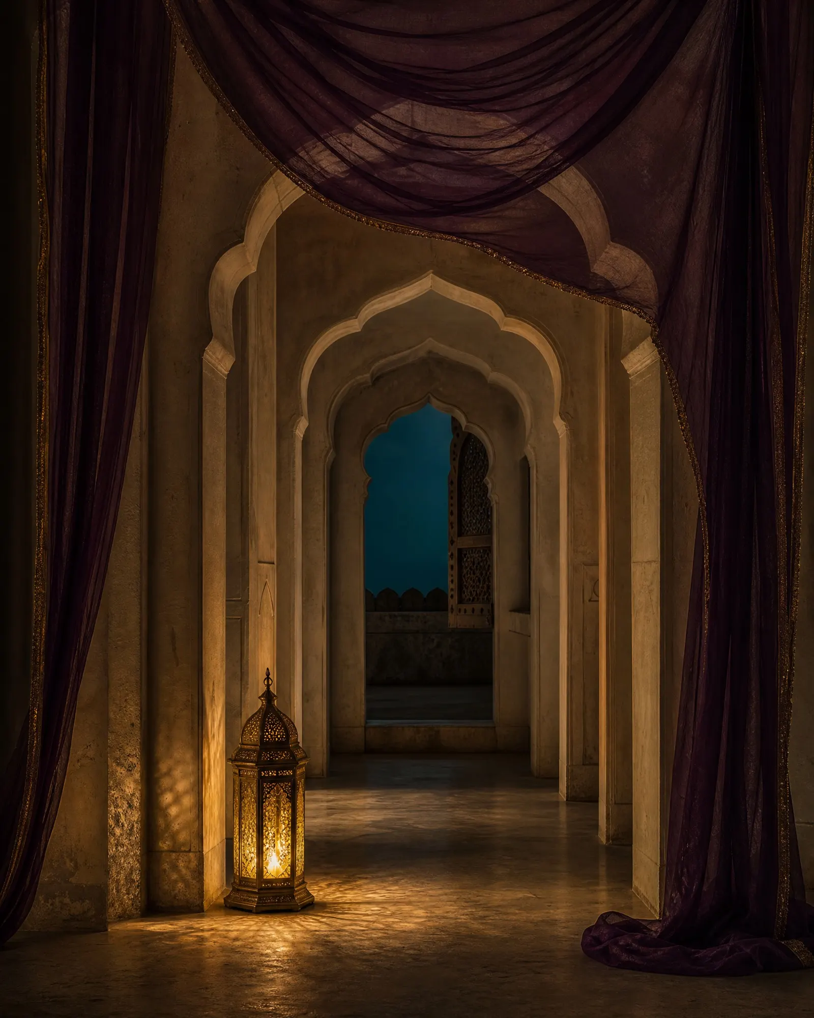 Receding arches draw the eye down a colonnade toward a single lit lantern and deep violet drapery.