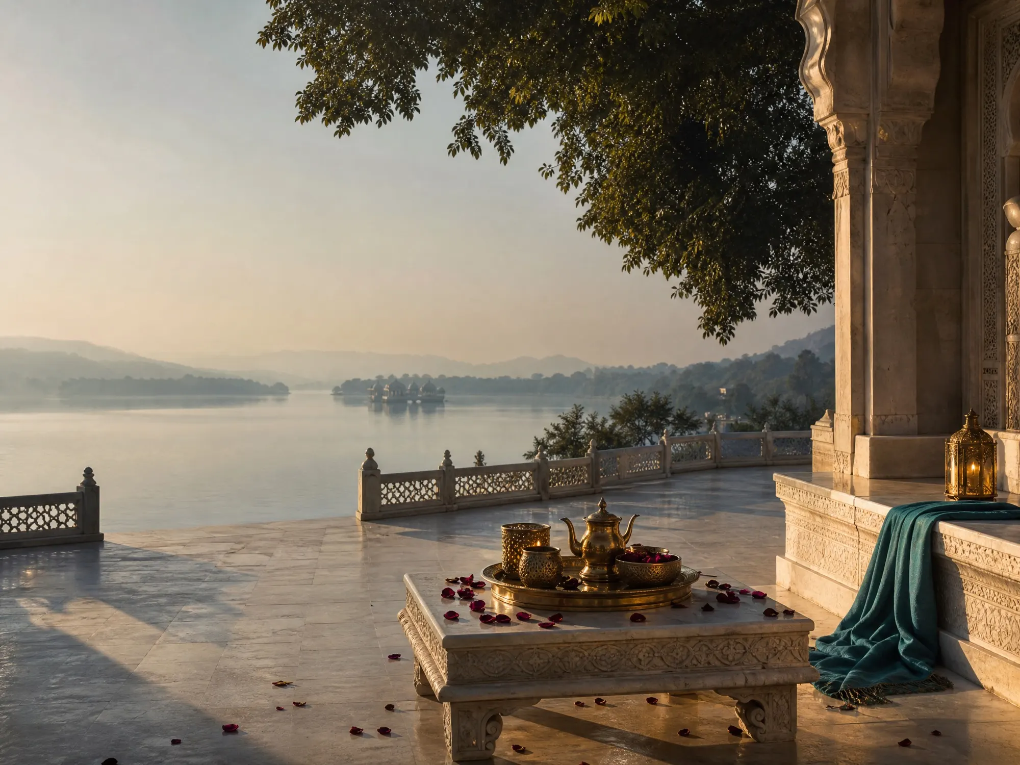 A marble terrace overlooks still water at dawn, a brass tea service waiting on carved legs.