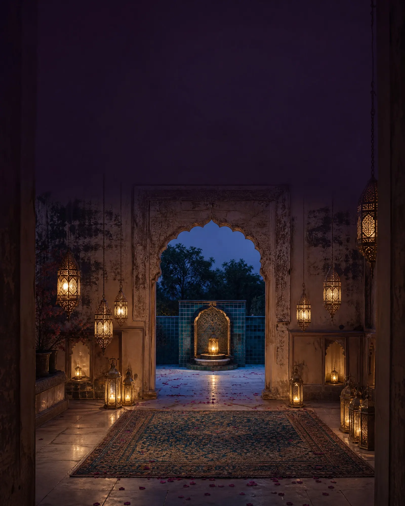 A carved archway opens onto a lantern-lit alcove and a carpet strewn with rose petals.